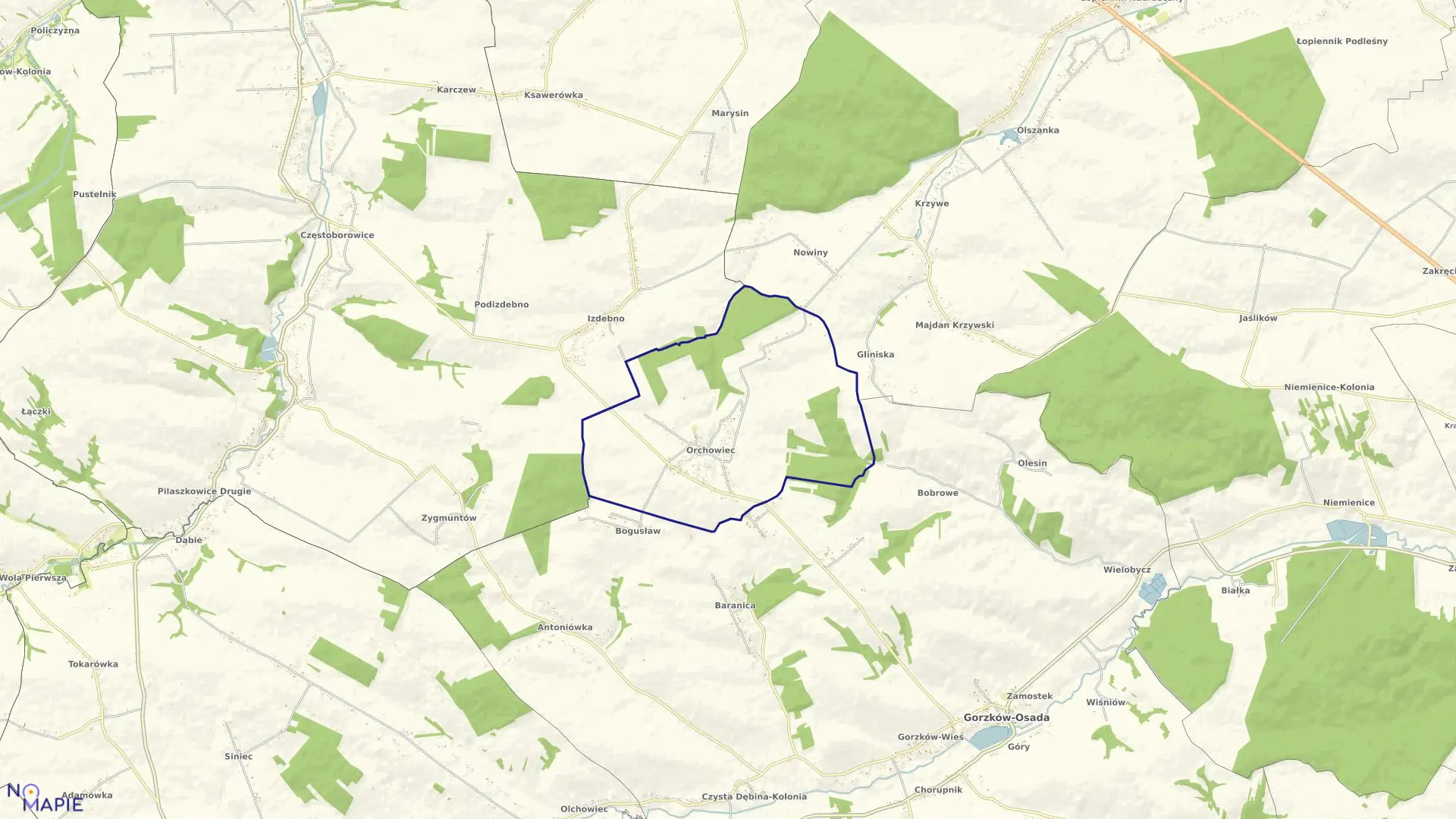 Mapa obrębu Orchowiec w gminie Gorzków